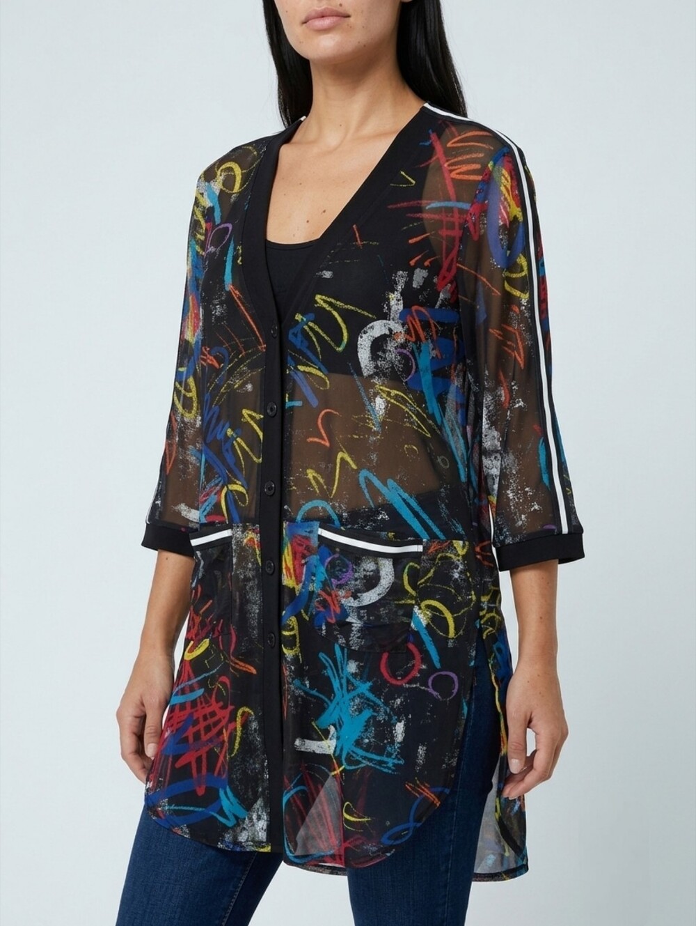 Joseph Ribkoff Sheer Mesh Graffiti Print Layering Tunic Top Button Front Artsy 8
